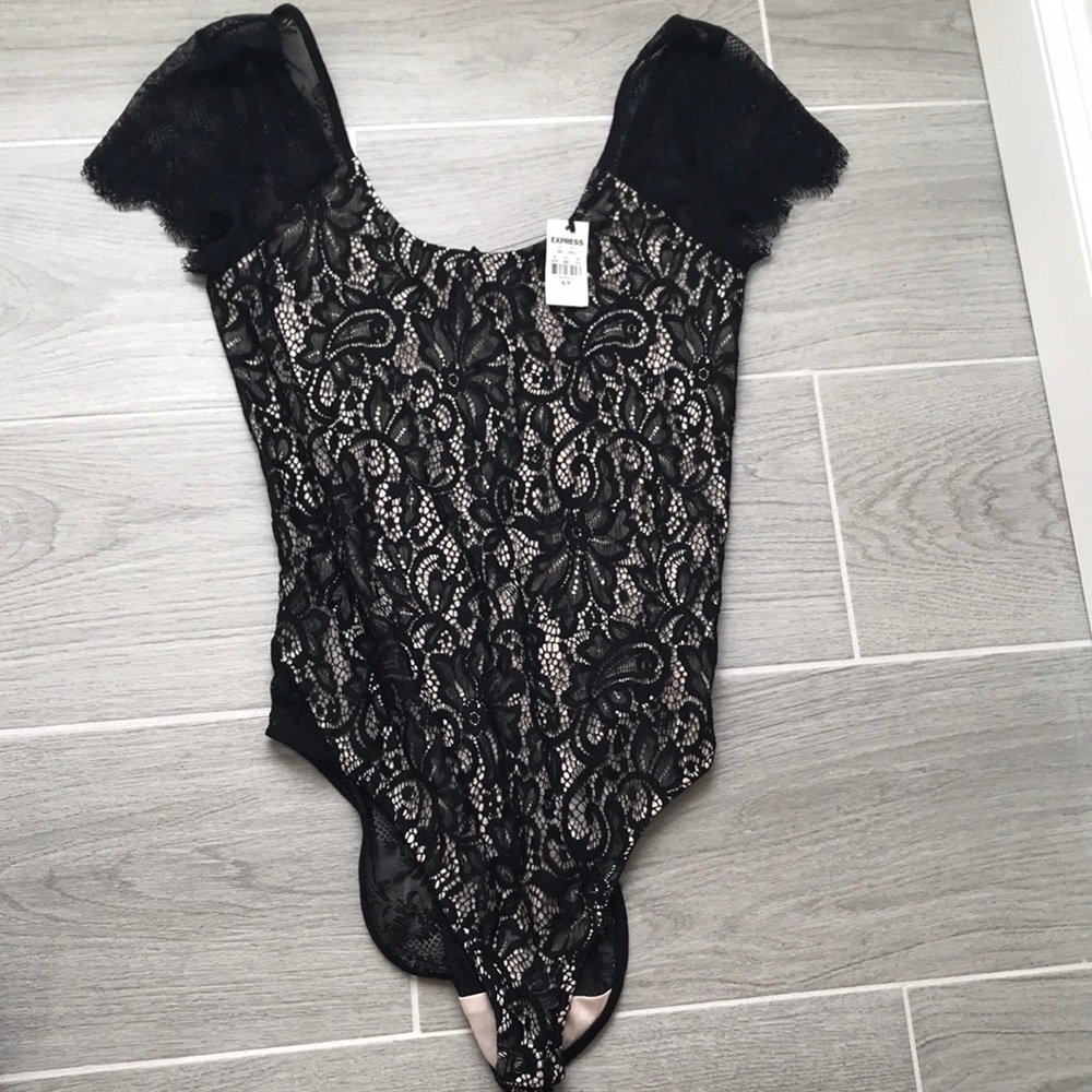 Express Black Lace Bodysuit with Sheer Back